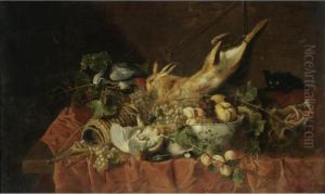 A Still Life With A Hare, A 
Partridge, A Bowl Of Fruit, A Boar's Head, A Flagon Of Wine, A Black Cat
 And A Grey Parrot, All Arranged On A Table Draped With A Red Cloth