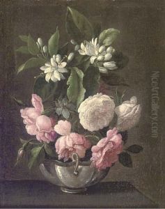 Roses And Syringa In A Vase On A Ledge Roses And Syringa In A Vase On A Ledge
