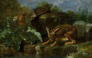 Hares And Frogs At A Pond.