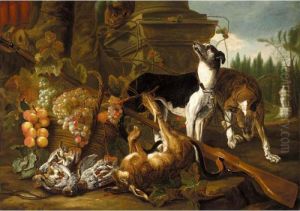 A Still Life Of Two Greyhounds, A
 Hare, A Cat And Partridges Together With A Musket And Baskets Of Fruit,
 In A Parkland Setting