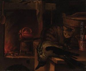 A Kitchen Still Life With A Cat And A Magpie by Jan Fyt