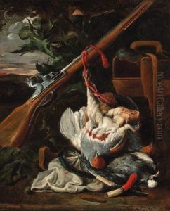 Dead Partridges By A Shotgun In A Landscape