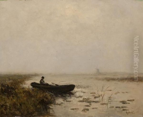 Fisherman In His Boat In A Polderlandscape - view 1