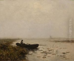 Fisherman In His Boat In A Polderlandscape by Paul Joseph Constantine Gabriel