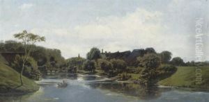 Rowing Along A Village In Summer