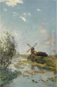 A Windmill In A Polder Landscape Near Kortenhoef by Paul Joseph Constantine Gabriel