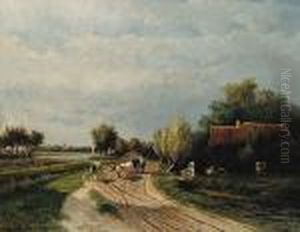 Untitled - A Cattle Wagon On A Road At Dusk by Paul Joseph Constantine Gabriel