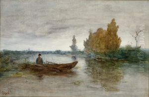 Fisherman In His Flatboat On A Canal by Paul Joseph Constantine Gabriel