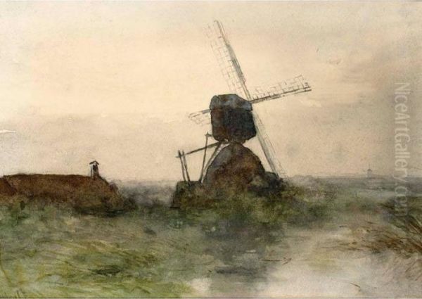 Sunset In A Polder Landscape With A Windmill Near A Waterway - view 1