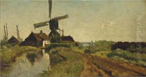 A Windmill In A Polder Landscape by Paul Joseph Constantine Gabriel
