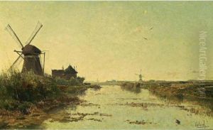 Windmills In A Polder Landscape by Paul Joseph Constantine Gabriel
