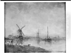 Gabriel < Paysage Au Bord De L'eau Avec Moulins > by Paul Joseph Constantine Gabriel