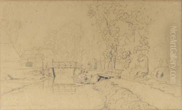 A Bridge Over A Stream At Veenendaal Aan De Klomp, Near Utrecht,farmhouses Beyond - view 1