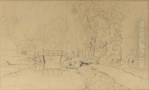 A Bridge Over A Stream At Veenendaal Aan De Klomp, Near Utrecht,farmhouses Beyond by Paul Joseph Constantine Gabriel