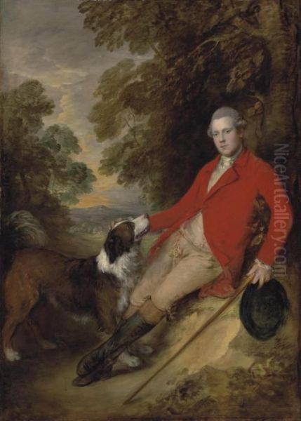 Portrait Of Philip Stanhope, 5th
Earl Of Chesterfield (1755-1815), Full-length, In A Scarlet Coat And
Buff Breeches, Holding A Black Hat And Stick In His Left Hand, With His
Dog In A Landscape - view 1
