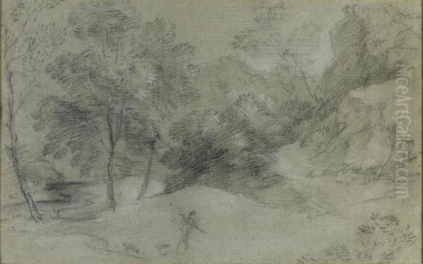 Hilly Wooded Landscape With Figure And Stream - view 1