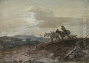 An Open Landscape At Dusk; Withfigure, Packhorse, Dog And Cottage