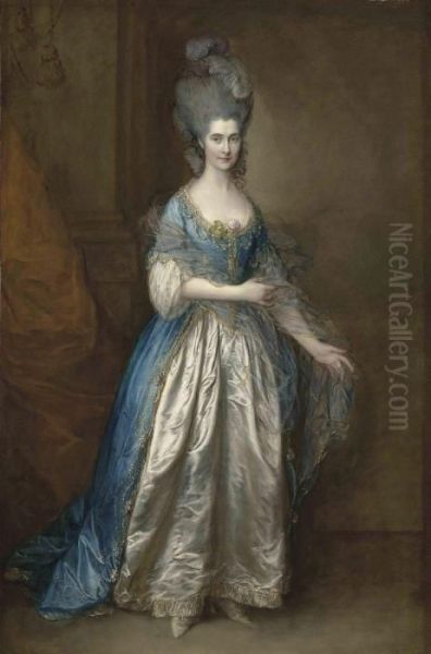 Portrait Of Mrs. William 
Villebois, Full-length, In Masqueradedress, With A Blue Gown And A 
Lace-edged Satin Skirt, Holding Adiaphanous Wrap, Beside A Pilaster - view 1