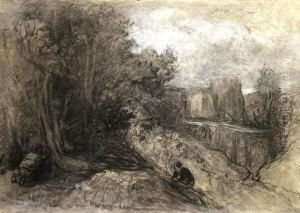 Figures By A Wooded Outcrop With A Distant Aqueduct And Buildings Beyond by Thomas Gainsborough