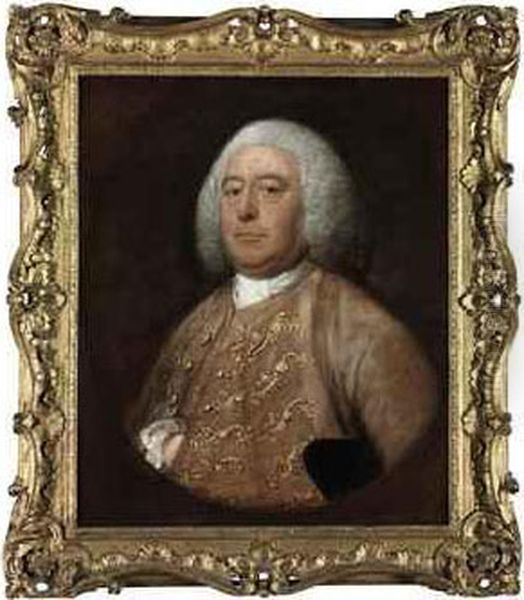 Portrait Of Henry Fane, M.p.
(1703-1777), Of Wormsley, Oxfordshire,half-length, In A Gold-embroidered
Pink Velvet Coat And Waistcoat,a Tricorne Hat Under His Arm, In A
Feigned Oval - view 1