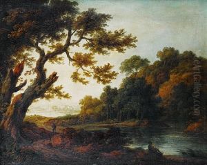 A Traveller And A Figure Resting On A Shore Ina Wooden Landscape by Thomas Gainsborough