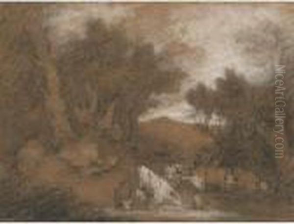 Herdsman Watering His Cattle And Goats In A Pool - view 1