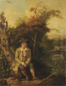 Boy Seated Beside A River, A Figure On Horseback On A Bridge Nearby