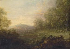 Wooded Landscape With A Shepherd And Sheep On A Slope By A River, A Mountain Beyond