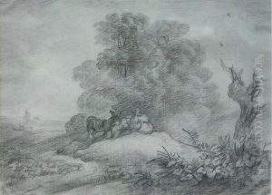 Landscape With Figures And Donkey, And Windmill In Distance by Thomas Gainsborough