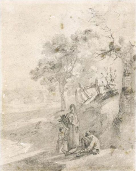 Rustic Figures Beside Trees, Buildings Beyond - view 1