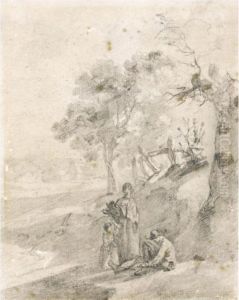 Rustic Figures Beside Trees, Buildings Beyond by Thomas Gainsborough