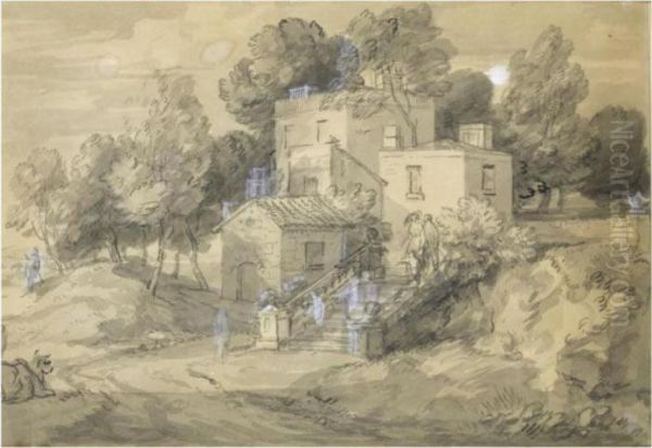 A Country House, With Figures Coming Down A Stairway Recto; A Studyof A House Verso - view 1