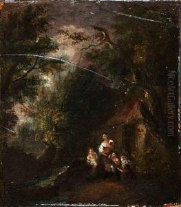 A Family Group Seated Outside A Cottage In A Woodland Setting by Thomas Gainsborough
