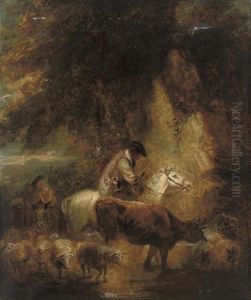 A Rocky Wooded Landscape With A Mounted Drover And Cattle Wateringat A Trough by Thomas Gainsborough