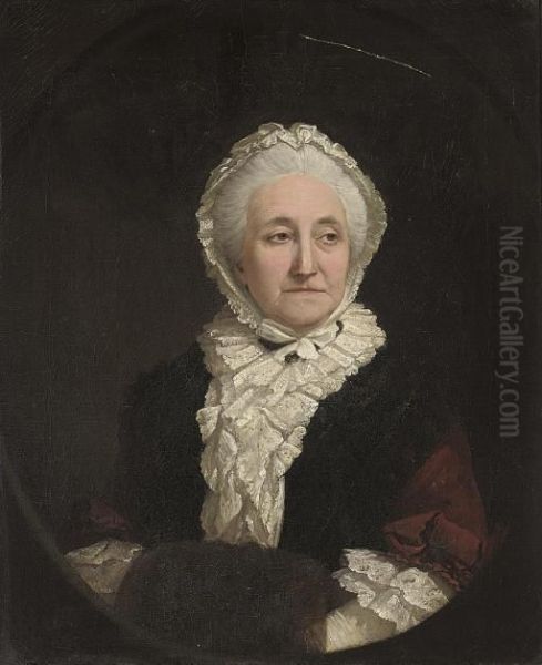 Portrait Of A Lady Of The Knight
Family, Half-length, In A Red Dress With Lace Collar, A Black Shawl And
Lace Bonnet, With Her Hands In A Muff In A Feigned Oval - view 1