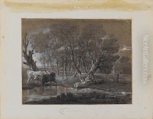 Wooded Landscape With Cows Beside A Pool, Figures And Cottage by Thomas Gainsborough