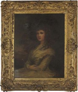 Portrait Of A Lady, Seated 
Three-quarter-length, In Yellow Dress And Hat, In An Extensive Landscape