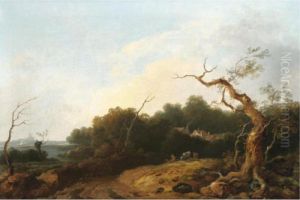 A Drover With His Cattle In A Landscape, An Estuary Beyond by Thomas Gainsborough