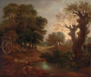 A Wooded Landscape With A Pond And A Figure On A Path by Thomas Gainsborough
