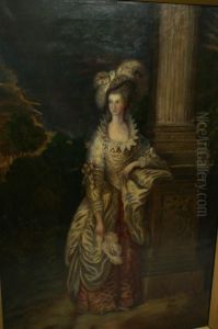 Elegant Lady Wearing Feathered 
Hat And Pearl Adorned Costume, Beside A Classical Column In A Landscape by Thomas Gainsborough