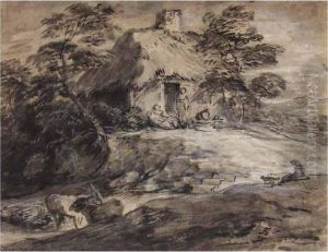 Wooded Landscape With Figures Outside A Cottage With Donkeys by Thomas Gainsborough