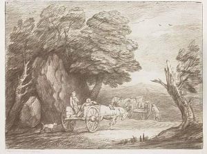 Wooded Landscape With Two Country Carts And Figures