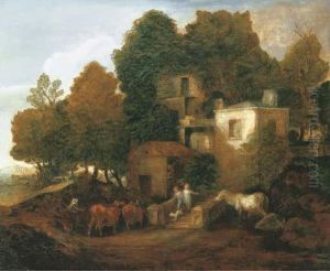 A Lodge In A Park, With Children Descending Steps by Thomas Gainsborough