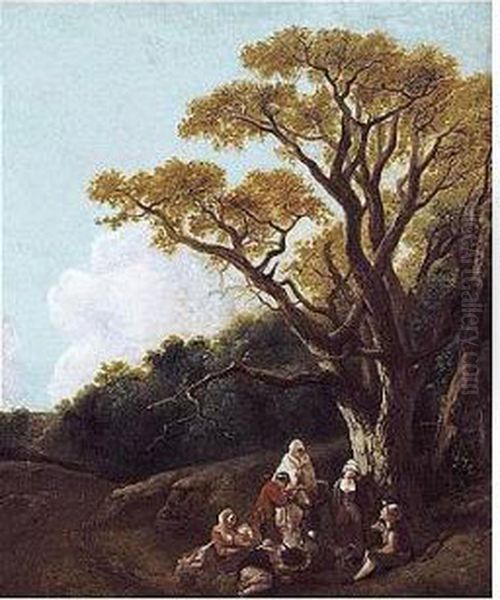 Wooded Landscape With Peasants
And Donkey Round A Fire, Figures And Distant Church (the Gypsies) - view 1