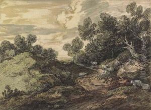 A Wooded Landscape With Sheep Grazing By A Winding Track by Thomas Gainsborough