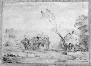 A Wooded Landscape With A Horse And Cart On A Country Path, Acottage Beyond