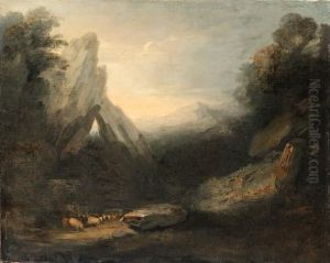 A Twilight Landscape With Sheep By A River In A Gorge by Thomas Gainsborough