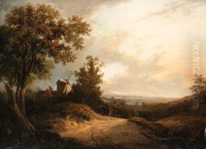 An Extensive Wooded Landscape With A Lumber Cart On A Path