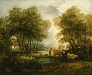 A Wooded Landscape With
Herdsmen, Cows And Sheep Near A Pool,figures Outside A Cottage Beyond by Thomas Gainsborough