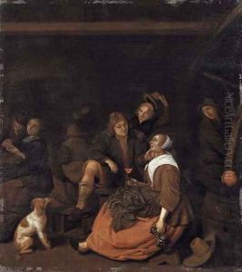 The interior of an inn with a young man courting a lady and peasants drinking by Jan Miense Molenaer